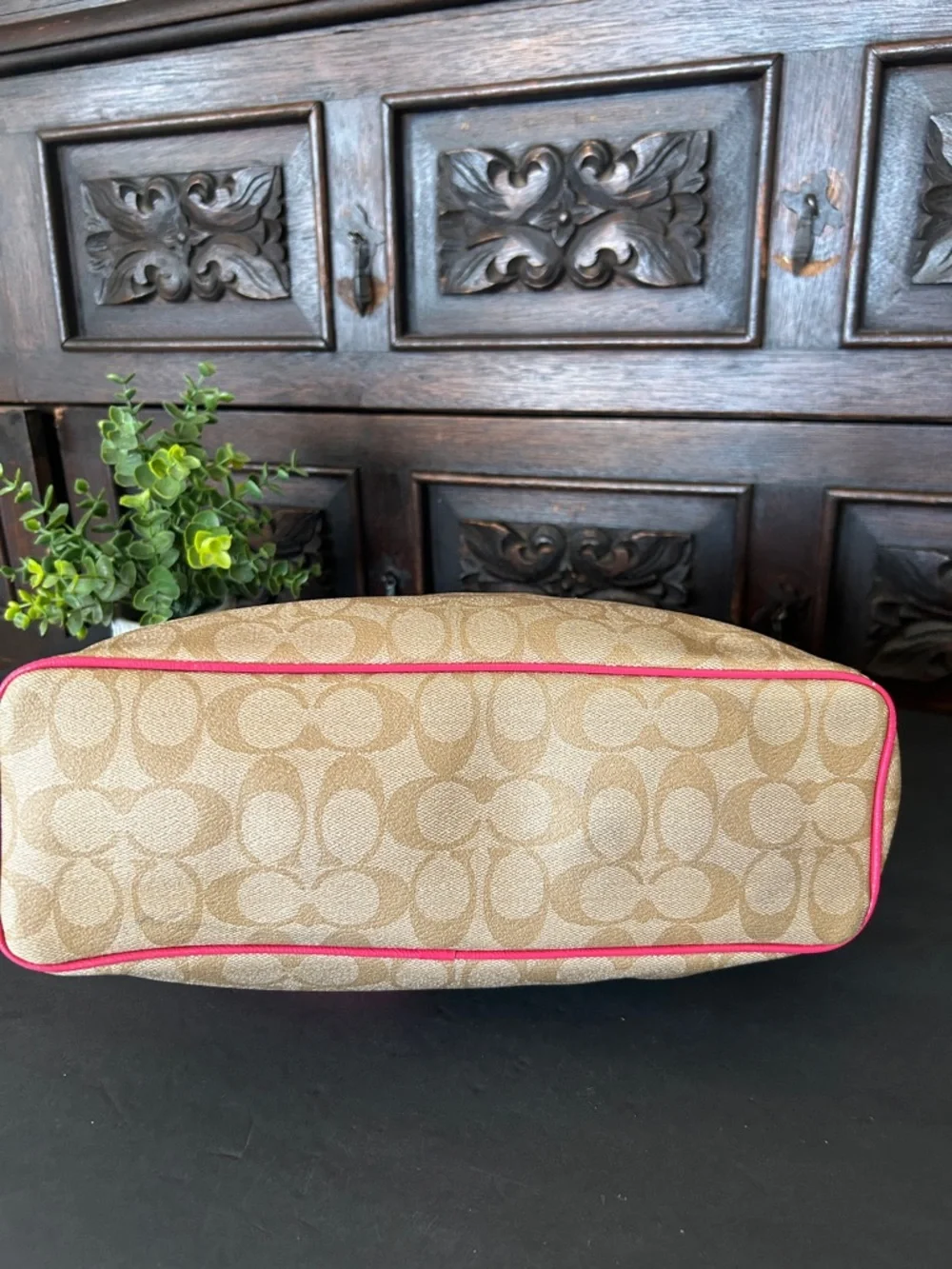Coach Tan Signature Canvas Tote with Pink Trim and Handles